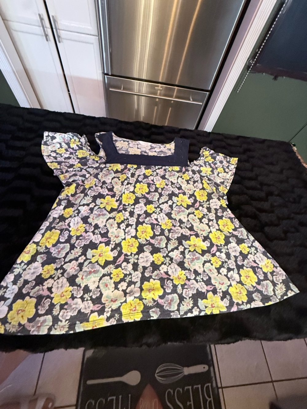 LC Lauren Conrad Navy Floral Square-Neck Blouse with Yellow Flowers